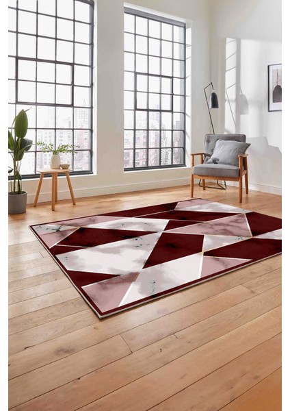 Baskılı Modern Mermer Desenli Yıkanabilir Kaymaz Yolluk Mutfak Salon Halısı, MODERN-160-BORDO,