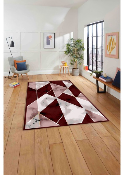 Baskılı Modern Mermer Desenli Yıkanabilir Kaymaz Yolluk Mutfak Salon Halısı, MODERN-160-BORDO,