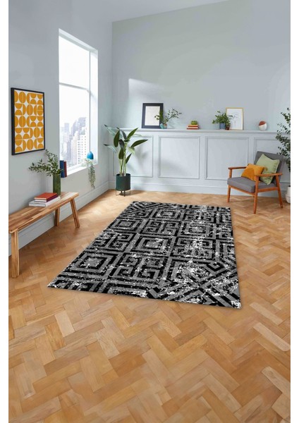 Baskılı Modern Labirent Desenli Yıkanabilir Kaymaz Yolluk Mutfak Salon Halısı, MODERN-190-GRİ,