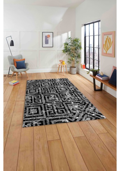 Baskılı Modern Labirent Desenli Yıkanabilir Kaymaz Yolluk Mutfak Salon Halısı, MODERN-190-GRİ,