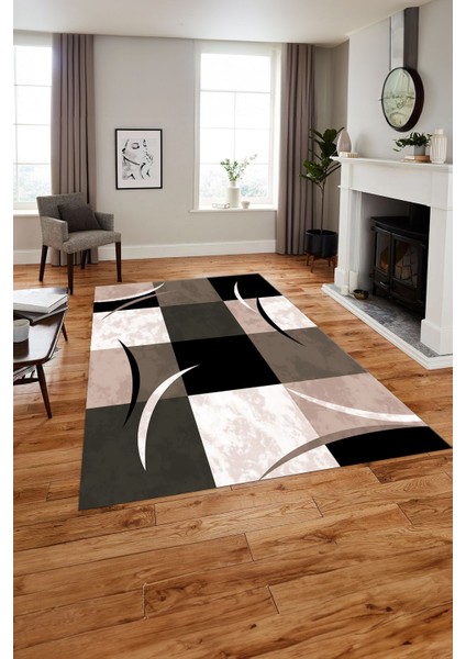 Baskılı Modern Çerçeveli Kare Yıkanabilir Kaymaz Yolluk Mutfak Salon Halısı, MODERN-186-KREM,