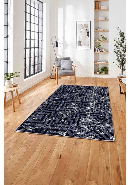 Baskılı Modern Labirent Desenli Yıkanabilir Kaymaz Yolluk Mutfak Salon Halısı, MODERN-190-LACİVERT, modelleri