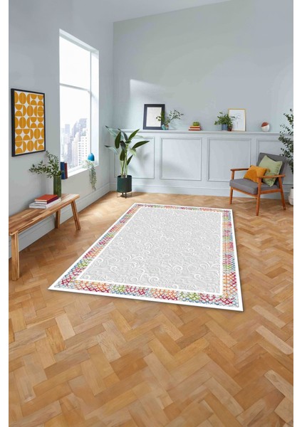 Baskılı Modern Çerçeveli Desen Yıkanabilir Kaymaz Yolluk Mutfak Salon Halısı, MODERN-192-RENKLİ,