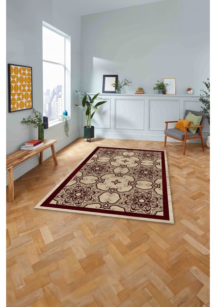 Baskılı Modern Vektörel Desen Yıkanabilir Kaymaz Yolluk Mutfak Salon Halısı, MODERN-198-BORDO,
