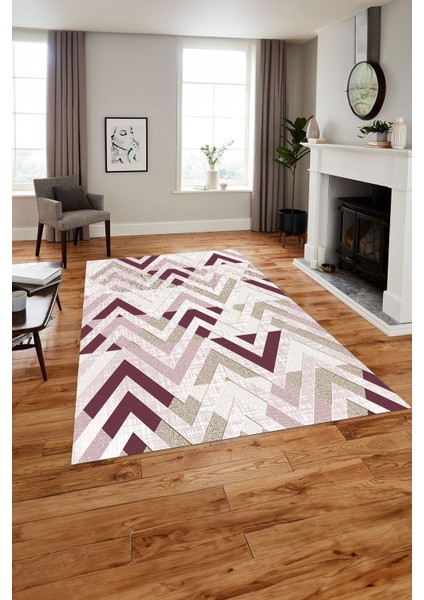 Baskılı Modern Sade Zigzag Desen Yıkanabilir Kaymaz Yolluk Mutfak Salon Halısı, Modern-142-Pembe,