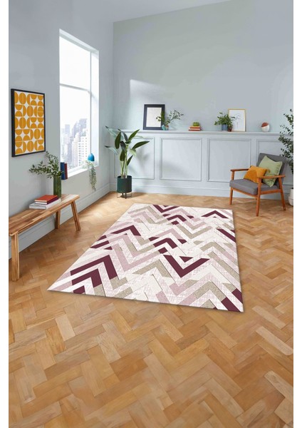 Baskılı Modern Sade Zigzag Desen Yıkanabilir Kaymaz Yolluk Mutfak Salon Halısı, Modern-142-Pembe,