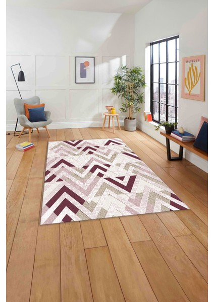 Baskılı Modern Sade Zigzag Desen Yıkanabilir Kaymaz Yolluk Mutfak Salon Halısı, Modern-142-Pembe,