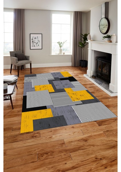 Baskılı Modern Sade Dekoratif Yıkanabilir Kaymaz Yolluk Mutfak Salon Halısı, Modern-141-Sarı,