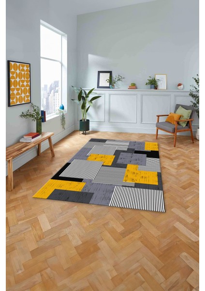 Baskılı Modern Sade Dekoratif Yıkanabilir Kaymaz Yolluk Mutfak Salon Halısı, Modern-141-Sarı,