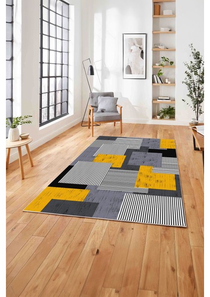 Baskılı Modern Sade Dekoratif Yıkanabilir Kaymaz Yolluk Mutfak Salon Halısı, Modern-141-Sarı,