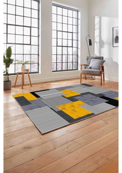 Baskılı Modern Sade Dekoratif Yıkanabilir Kaymaz Yolluk Mutfak Salon Halısı, Modern-141-Sarı,