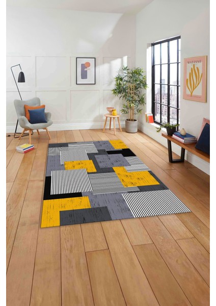 Baskılı Modern Sade Dekoratif Yıkanabilir Kaymaz Yolluk Mutfak Salon Halısı, Modern-141-Sarı,