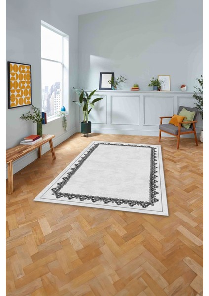 Baskılı Modern Etnik Çerçeve Desen Yıkanabilir Kaymaz Yolluk Mutfak Salon Halısı, MODERN-188-GRİ,
