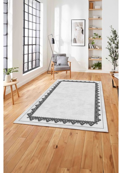 Baskılı Modern Etnik Çerçeve Desen Yıkanabilir Kaymaz Yolluk Mutfak Salon Halısı, MODERN-188-GRİ,