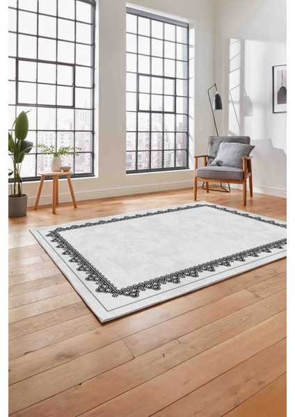 Baskılı Modern Etnik Çerçeve Desen Yıkanabilir Kaymaz Yolluk Mutfak Salon Halısı, MODERN-188-GRİ,