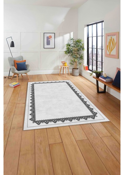 Baskılı Modern Etnik Çerçeve Desen Yıkanabilir Kaymaz Yolluk Mutfak Salon Halısı, MODERN-188-GRİ,