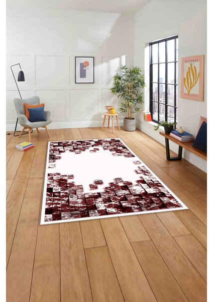 Baskılı Modern Duvar Motifli Yıkanabilir Kaymaz Yolluk Mutfak Salon Halısı, MODERN-202-BORDO, indirimleri