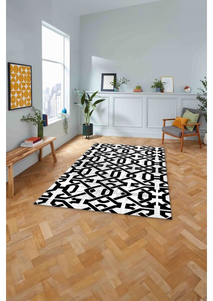 Baskılı Modern Kelepçe Modelli Yıkanabilir Kaymaz Yolluk Mutfak Salon Halısı, Modern-143-Beyaz,