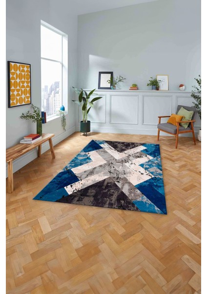 Baskılı Modern Çapra Çizgi Desen Yıkanabilir Kaymaz Yolluk Mutfak Salon Halısı, Modern-166-Mavi,