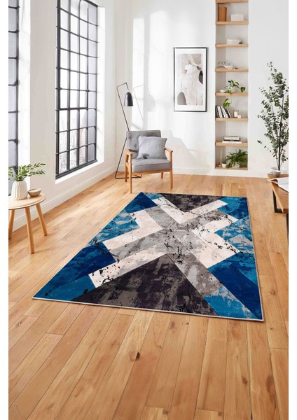 Baskılı Modern Çapra Çizgi Desen Yıkanabilir Kaymaz Yolluk Mutfak Salon Halısı, Modern-166-Mavi,