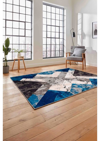 Baskılı Modern Çapra Çizgi Desen Yıkanabilir Kaymaz Yolluk Mutfak Salon Halısı, Modern-166-Mavi,