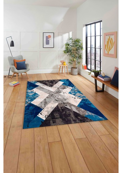 Baskılı Modern Çapra Çizgi Desen Yıkanabilir Kaymaz Yolluk Mutfak Salon Halısı, Modern-166-Mavi,