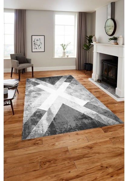 Baskılı Modern Çapra Çizgi Desen Yıkanabilir Kaymaz Yolluk Mutfak Salon Halısı, Modern-166-Gri,