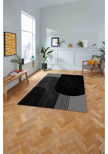 Dijital Baskılı Modern Klasik Yıkanabilir Kaymaz Yolluk Mutfak Salon Halısı, Modern-165-Siyah,