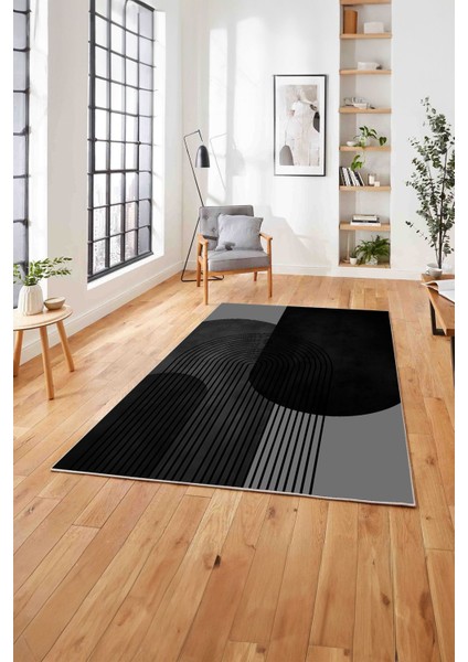 Dijital Baskılı Modern Klasik Yıkanabilir Kaymaz Yolluk Mutfak Salon Halısı, Modern-165-Siyah,