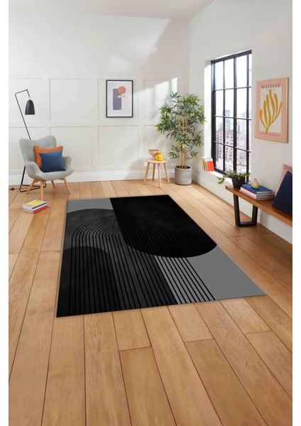 Dijital Baskılı Modern Klasik Yıkanabilir Kaymaz Yolluk Mutfak Salon Halısı, Modern-165-Siyah,