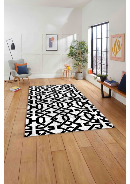 Baskılı Modern Kelepçe Modelli Yıkanabilir Kaymaz Yolluk Mutfak Salon Halısı, Modern-143-Beyaz,
