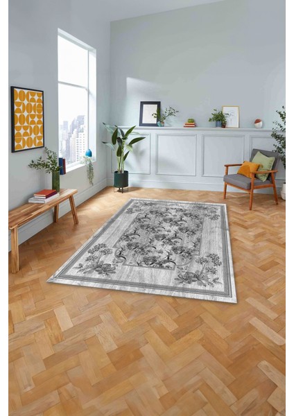 Baskılı Modern Çerçeveli Çiçekli Yıkanabilir Kaymaz Yolluk Mutfak Salon Halısı, MODERN-209-GRİ,