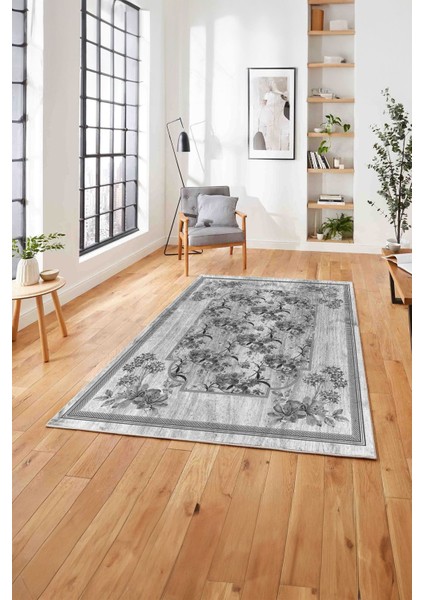 Baskılı Modern Çerçeveli Çiçekli Yıkanabilir Kaymaz Yolluk Mutfak Salon Halısı, MODERN-209-GRİ,
