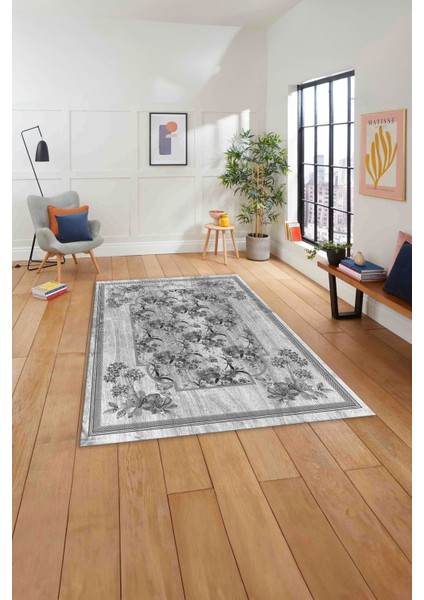 Baskılı Modern Çerçeveli Çiçekli Yıkanabilir Kaymaz Yolluk Mutfak Salon Halısı, MODERN-209-GRİ,