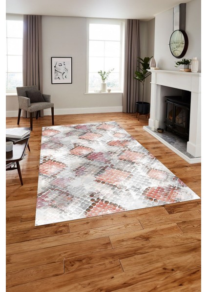 Baskılı Modern Kare Motifli Yıkanabilir Kaymaz Yolluk Mutfak Salon Halısı, MODERN-211-PEMBE,