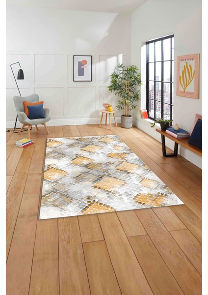 Baskılı Modern Kare Motifli Yıkanabilir Kaymaz Yolluk Mutfak Salon Halısı, MODERN-211-TURUNCU, indirimleri