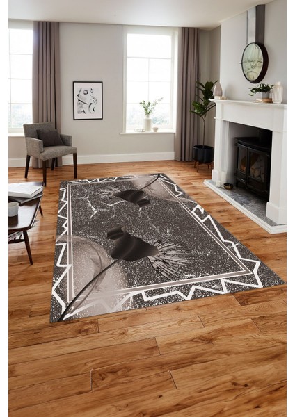 Baskılı Modern Çiçek Kuş Tüyü Yıkanabilir Kaymaz Yolluk Mutfak Salon Halısı, MODERN-153-VİZON,