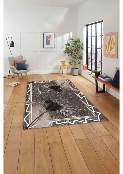 Baskılı Modern Çiçek Kuş Tüyü Yıkanabilir Kaymaz Yolluk Mutfak Salon Halısı, MODERN-153-VİZON, indirimleri