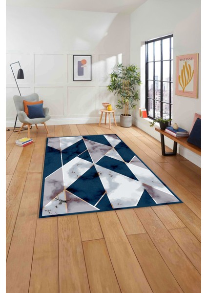 Baskılı Modern Mermer Desenli Yıkanabilir Kaymaz Yolluk Mutfak Salon Halısı, MODERN-160-LACİVERT,