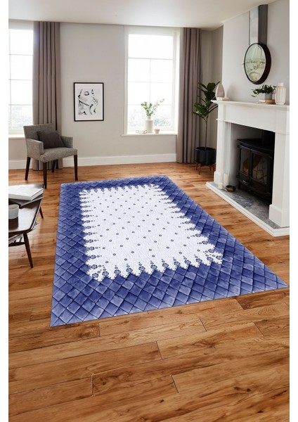 Baskılı Modern Geometrik Desenli Yıkanabilir Kaymaz Yolluk Mutfak Salon Halısı, MODERN-204-LACİVERT,