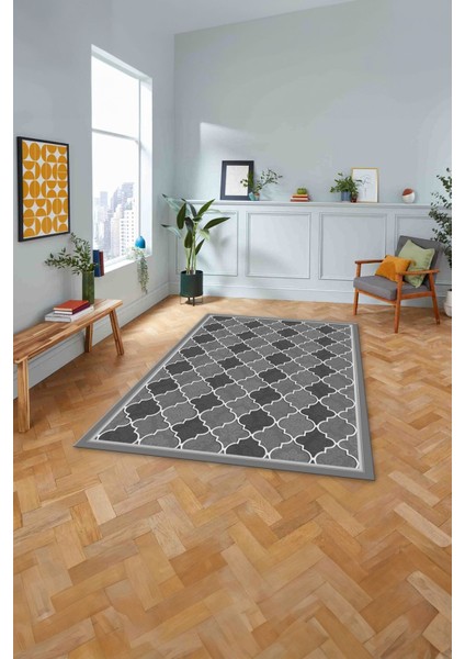 Baskılı Modern Çerçeveli Kupa Desen Yıkanabilir Kaymaz Yolluk Mutfak Salon Halısı, MODERN-169-GRİ,