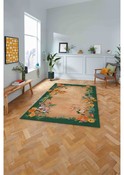 Baskılı Modern Çiçek Motifli Yıkanabilir Kaymaz Yolluk Mutfak Salon Halısı, MODERN-150-YEŞİL, fiyatları