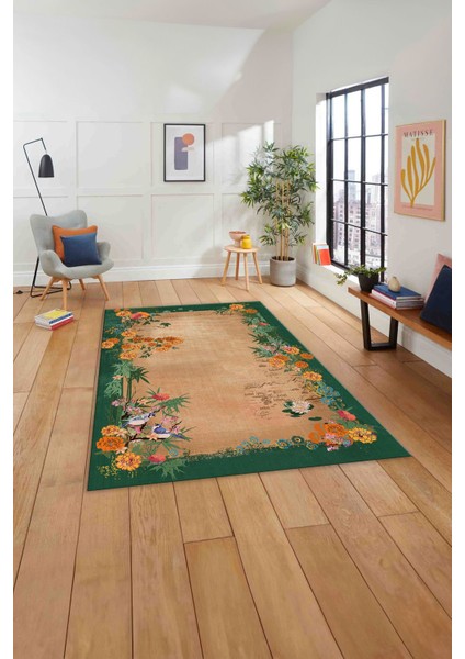 Baskılı Modern Çiçek Motifli Yıkanabilir Kaymaz Yolluk Mutfak Salon Halısı, MODERN-150-YEŞİL, indirimleri