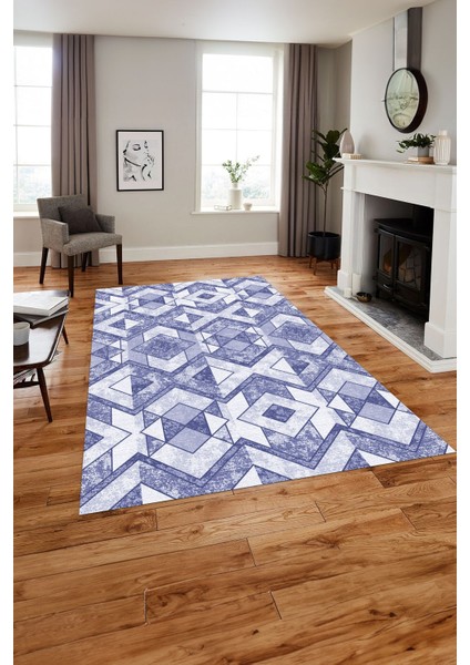 Baskılı Modern Geometrik Desenli Yıkanabilir Kaymaz Yolluk Mutfak Salon Halısı, MODERN-139-LACİVERT,