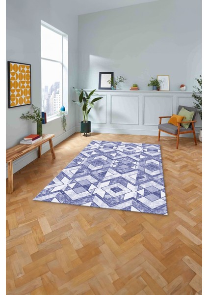 Baskılı Modern Geometrik Desenli Yıkanabilir Kaymaz Yolluk Mutfak Salon Halısı, MODERN-139-LACİVERT,