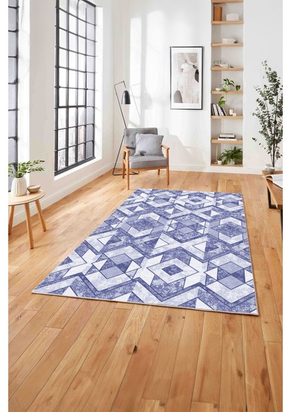 Baskılı Modern Geometrik Desenli Yıkanabilir Kaymaz Yolluk Mutfak Salon Halısı, MODERN-139-LACİVERT,