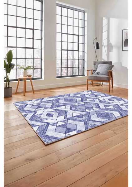 Baskılı Modern Geometrik Desenli Yıkanabilir Kaymaz Yolluk Mutfak Salon Halısı, MODERN-139-LACİVERT,