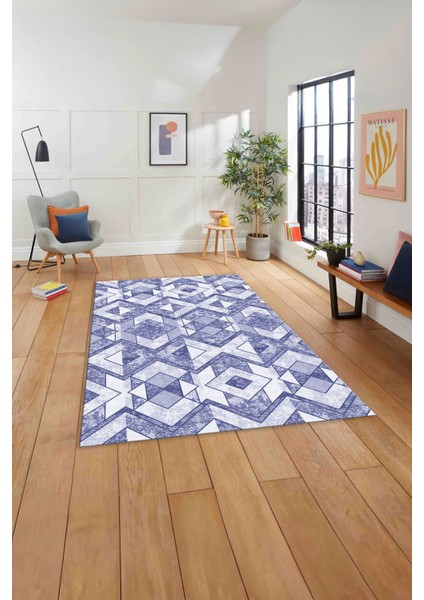 Baskılı Modern Geometrik Desenli Yıkanabilir Kaymaz Yolluk Mutfak Salon Halısı, MODERN-139-LACİVERT,