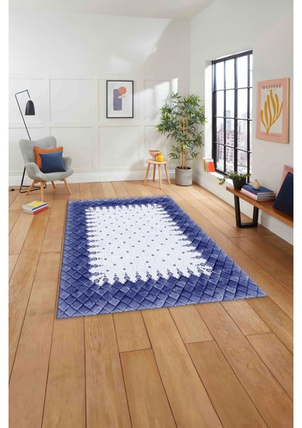 Baskılı Modern Geometrik Desenli Yıkanabilir Kaymaz Yolluk Mutfak Salon Halısı, MODERN-204-LACİVERT, indirimleri