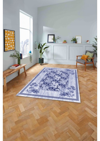 Baskılı Modern Çerçeveli Çiçekli Yıkanabilir Kaymaz Yolluk Mutfak Salon Halısı, MODERN-209-LACİVERT, fiyatları